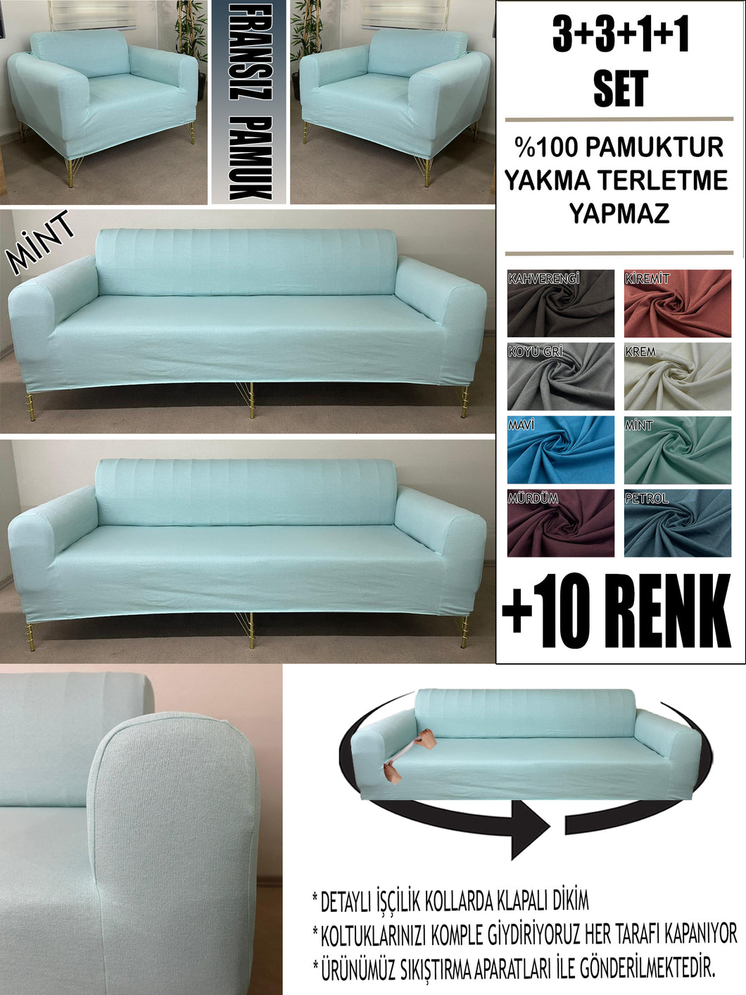 %100 Pamuklu Fransız  Kumaş Mint 3+3+1+1 Komple Giydirme Kanepe&Çekyat, Bohem, Porto, vn. Model Koltuk Kılıfı