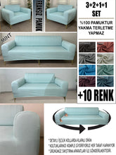 Görseli Galeri görüntüleyiciye yükleyin, %100 Pamuklu Fransız  Kumaş Mint 3+2+1+1 Komple Giydirme Kanepe&amp;Çekyat, Bohem, Porto, vn. Model Koltuk Kılıfı
