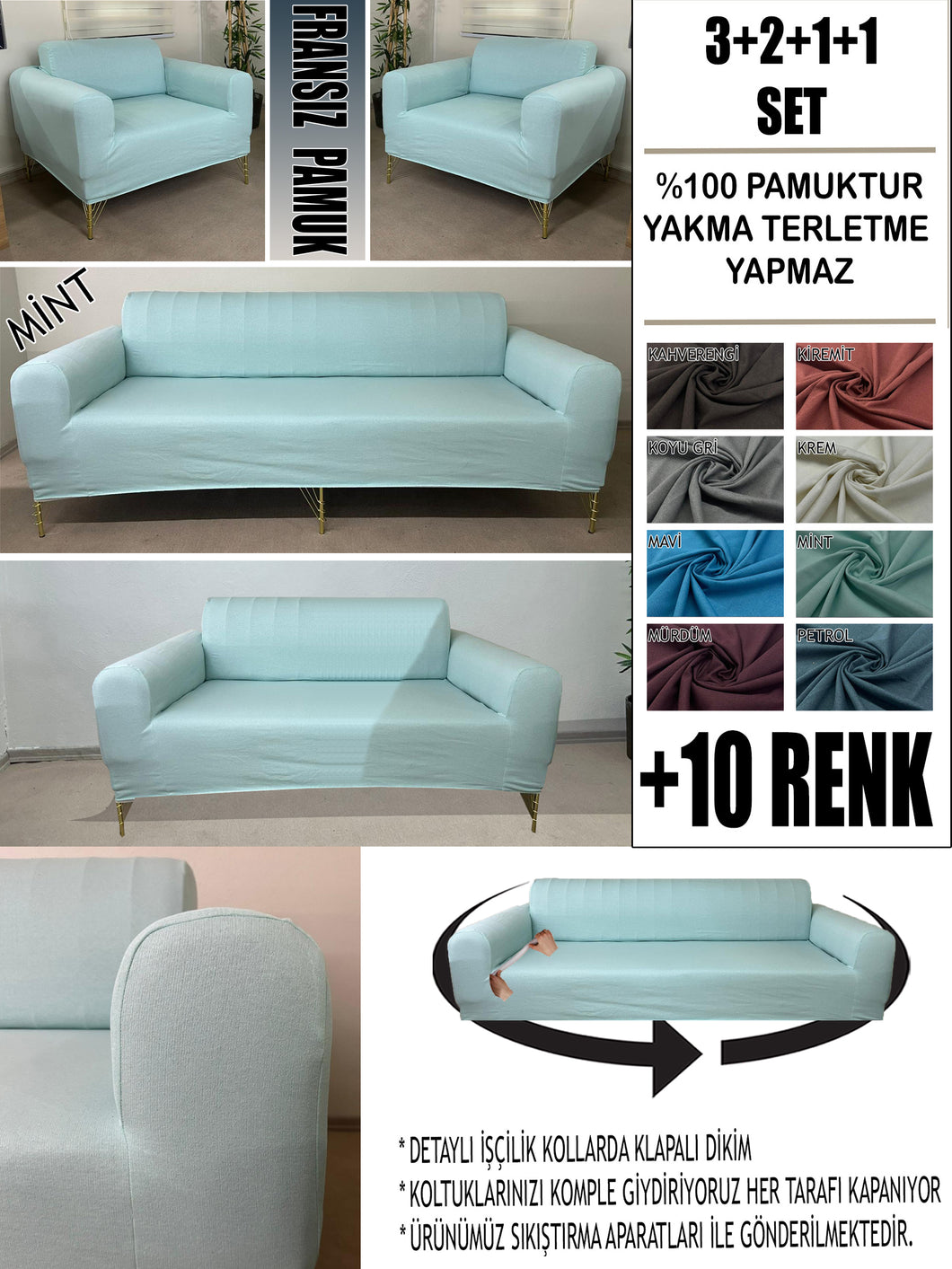 %100 Pamuklu Fransız  Kumaş Mint 3+2+1+1 Komple Giydirme Kanepe&Çekyat, Bohem, Porto, vn. Model Koltuk Kılıfı