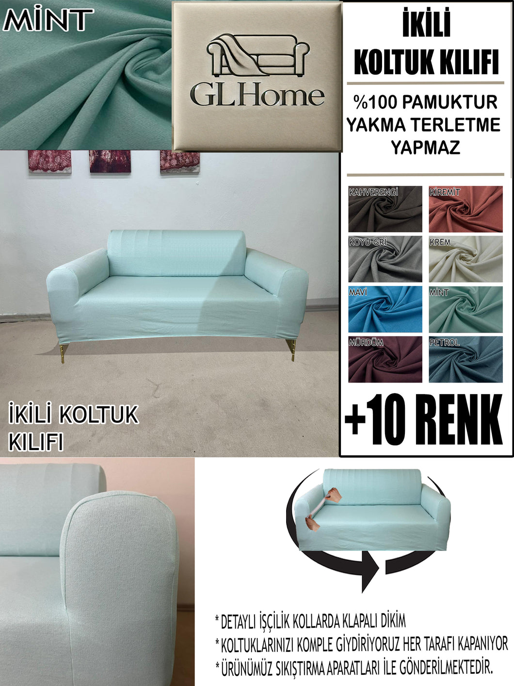 %100 Pamuklu Fransız  Kumaş Mint Çift Kişilik Komple Giydirme 2