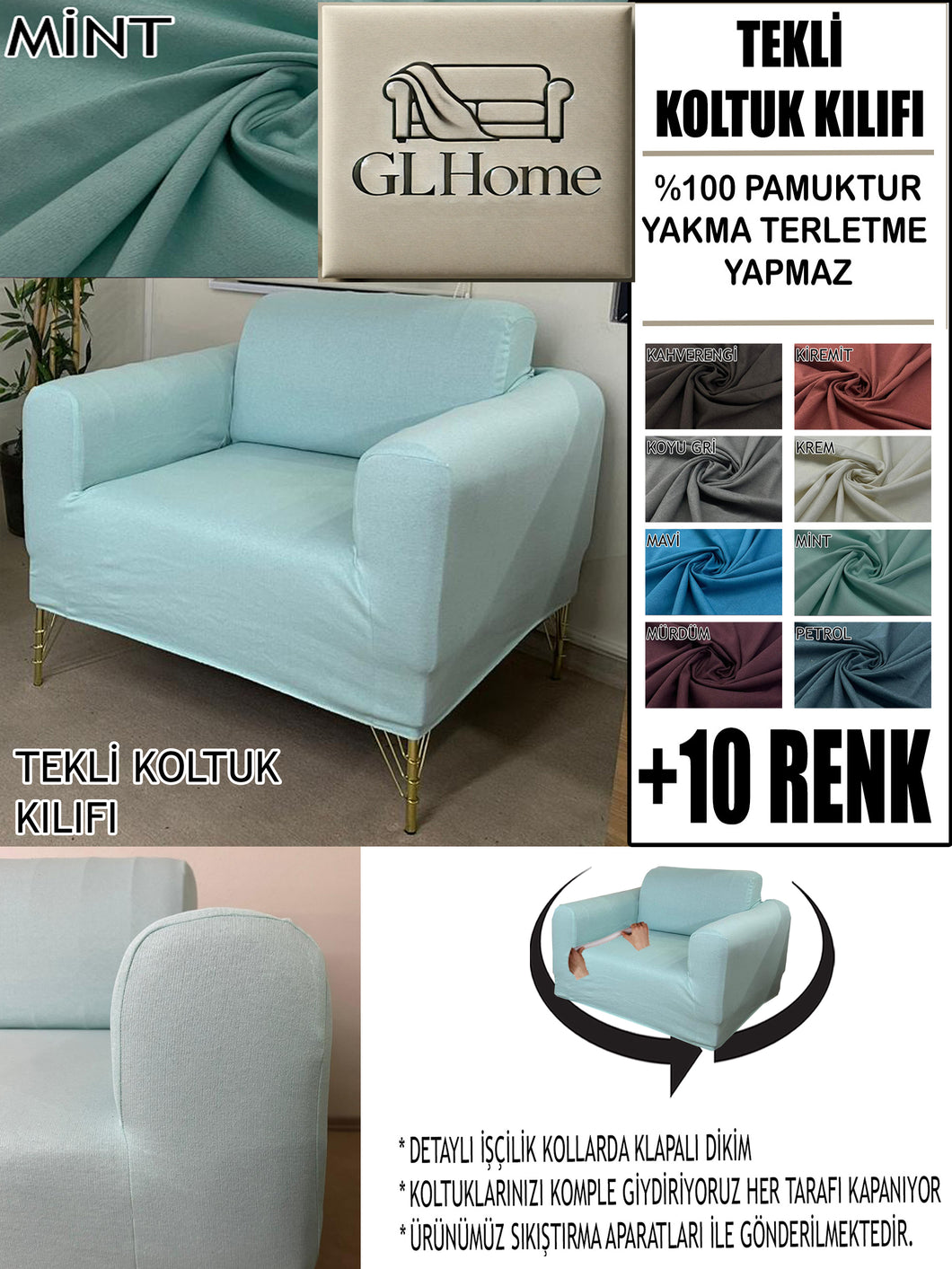 %100 Pamuklu Fransız  Kumaş Mint Tekli&Berjer Komple Giydirme, Bohem, Porto Model Koltuk Kılıfı