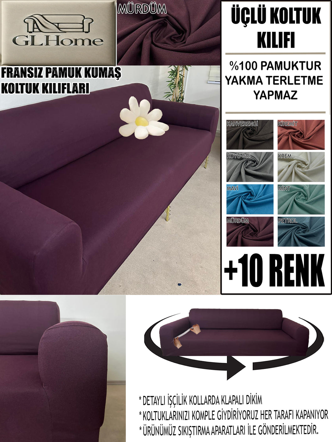 %100 Pamuklu Fransız  Kumaş Mürdüm 3Lü Komple Giydirme Kanepe & Çekyat, Bohem, Porto, Vb. Model Koltuk Kilifi