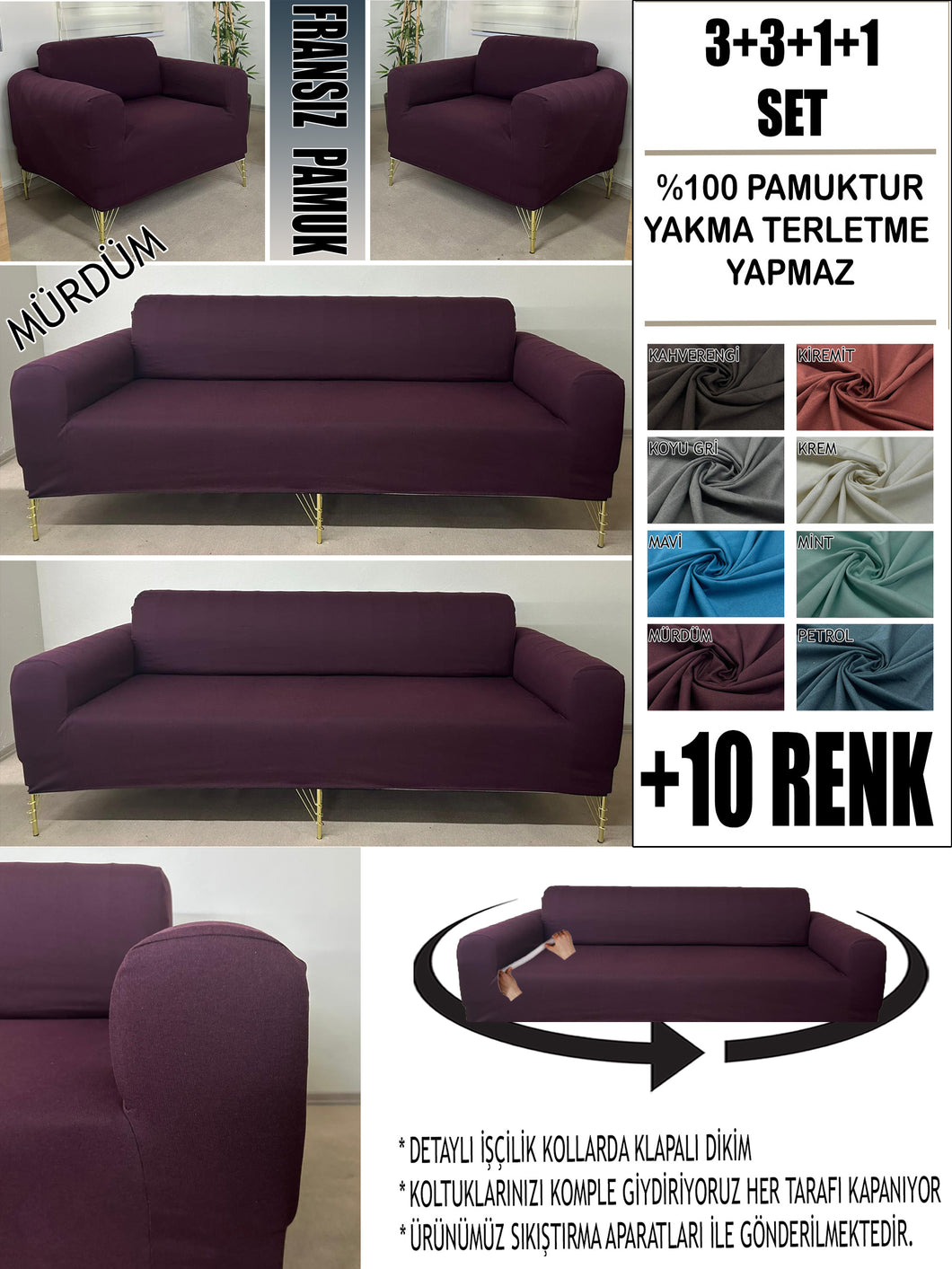 %100 Pamuklu Fransız  Kumaş Mürdüm 3+3+1+1 Komple Giydirme Kanepe&Çekyat, Bohem, Porto, vn. Model Koltuk Kılıfı