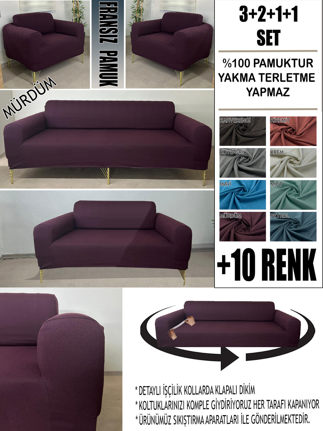 %100 Pamuklu Fransız  Kumaş Mürdüm 3+2+1+1 Komple Giydirme Kanepe&Çekyat, Bohem, Porto, vn. Model Koltuk Kılıfı