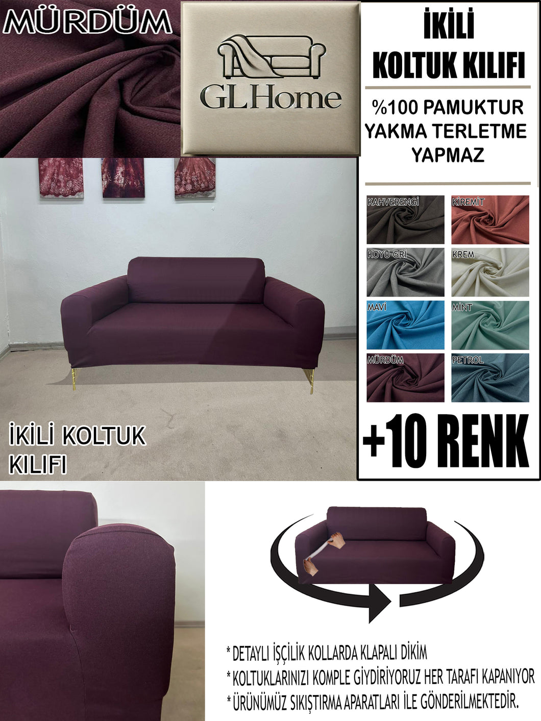%100 Pamuklu Fransız  Kumaş Mürdüm Çift Kişilik Komple Giydirme 2