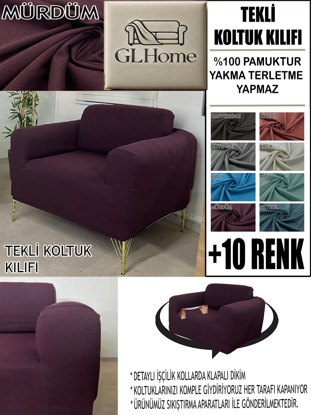 %100 Pamuklu Fransız  Kumaş Mürdüm Tekli&Berjer Komple Giydirme, Bohem, Porto Model Koltuk Kılıfı