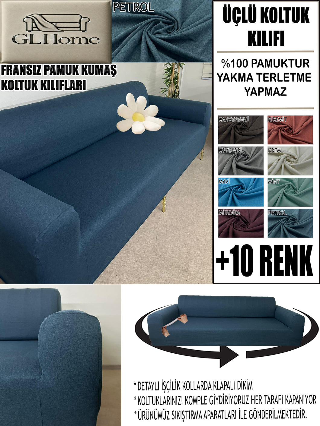 %100 Pamuklu Fransız  Kumaş Petrol 3Lü Komple Giydirme Kanepe & Çekyat, Bohem, Porto, Vb. Model Koltuk Kilifi