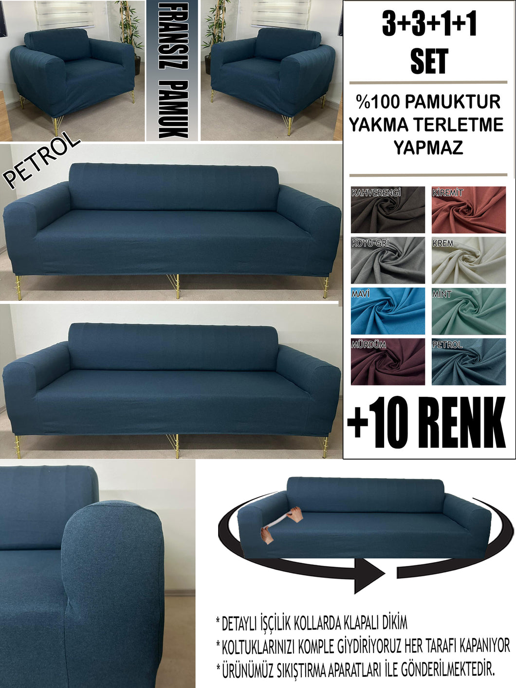%100 Pamuklu Fransız  Kumaş Petrol 3+3+1+1 Komple Giydirme Kanepe&Çekyat, Bohem, Porto, vn. Model Koltuk Kılıfı