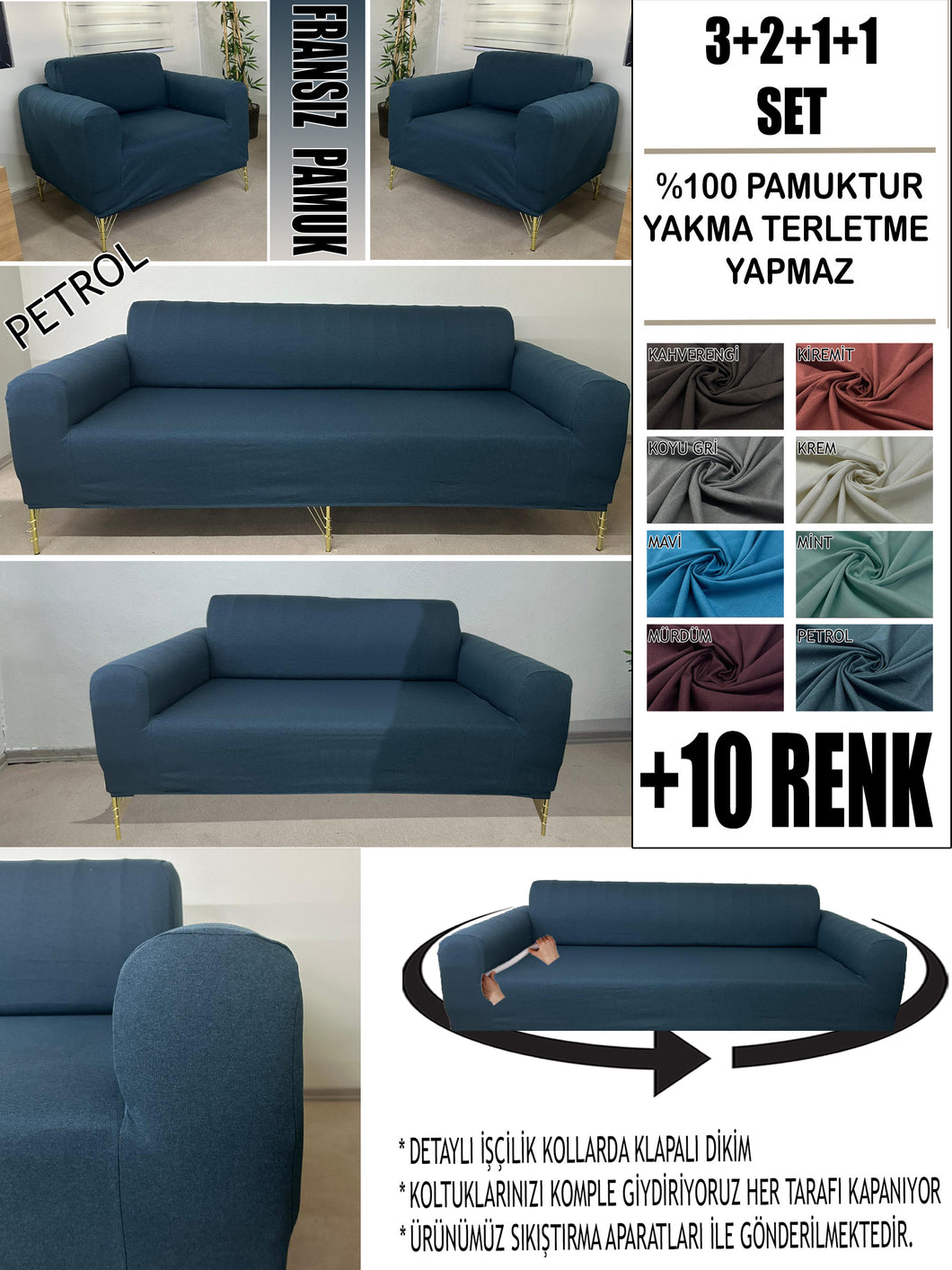%100 Pamuklu Fransız  Kumaş Petrol 3+2+1+1 Komple Giydirme Kanepe&Çekyat, Bohem, Porto, vn. Model Koltuk Kılıfı