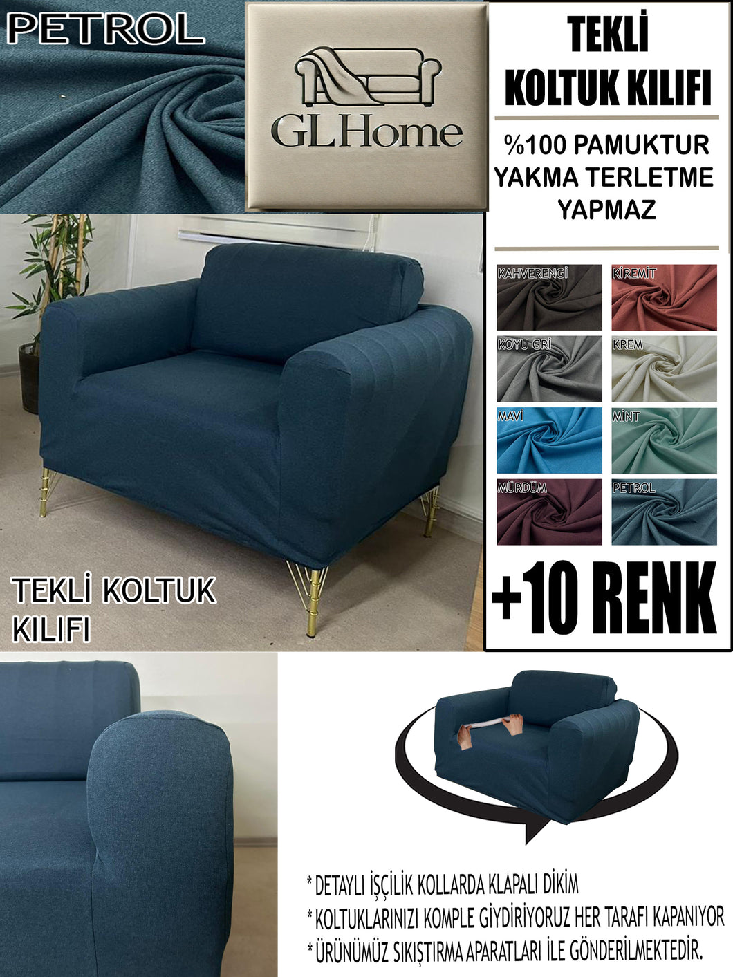 %100 Pamuklu Fransız  Kumaş Petrol Tekli&Berjer Komple Giydirme, Bohem, Porto Model Koltuk Kılıfı