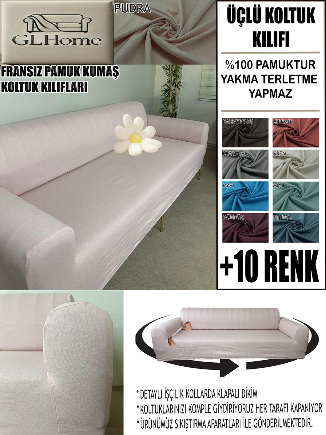 %100 Pamuklu Fransız  Kumaş Pudra 3Lü Komple Giydirme Kanepe & Çekyat, Bohem, Porto, Vb. Model Koltuk Kilifi