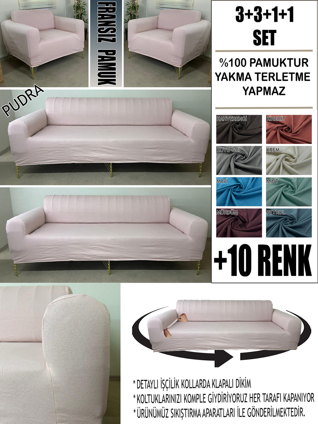 %100 Pamuklu Fransız  Kumaş Pudra 3+3+1+1 Komple Giydirme Kanepe&Çekyat, Bohem, Porto, vn. Model Koltuk Kılıfı
