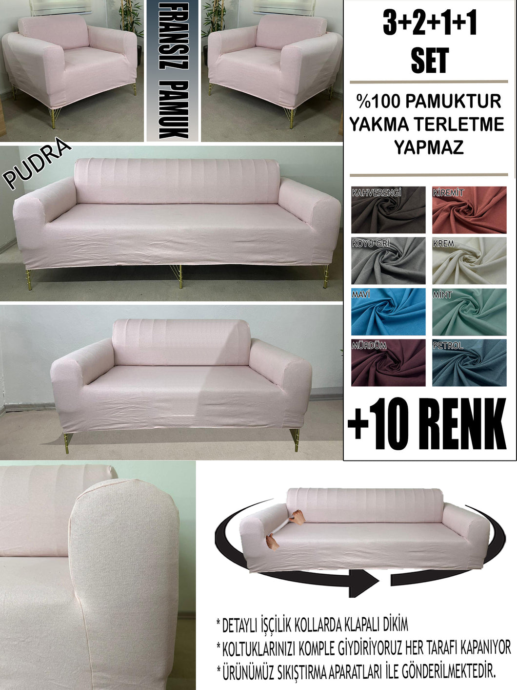 %100 Pamuklu Fransız  Kumaş Pudra 3+2+1+1 Komple Giydirme Kanepe&Çekyat, Bohem, Porto, vn. Model Koltuk Kılıfı