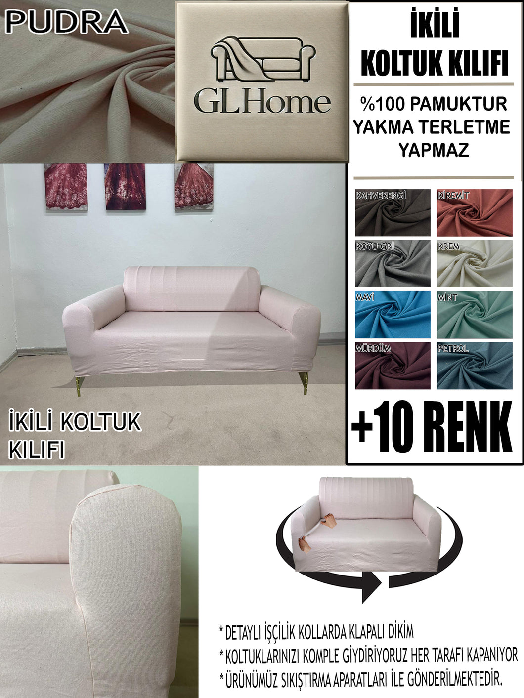 %100 Pamuklu Fransız  Kumaş Pudra Çift Kişilik Komple Giydirme 2