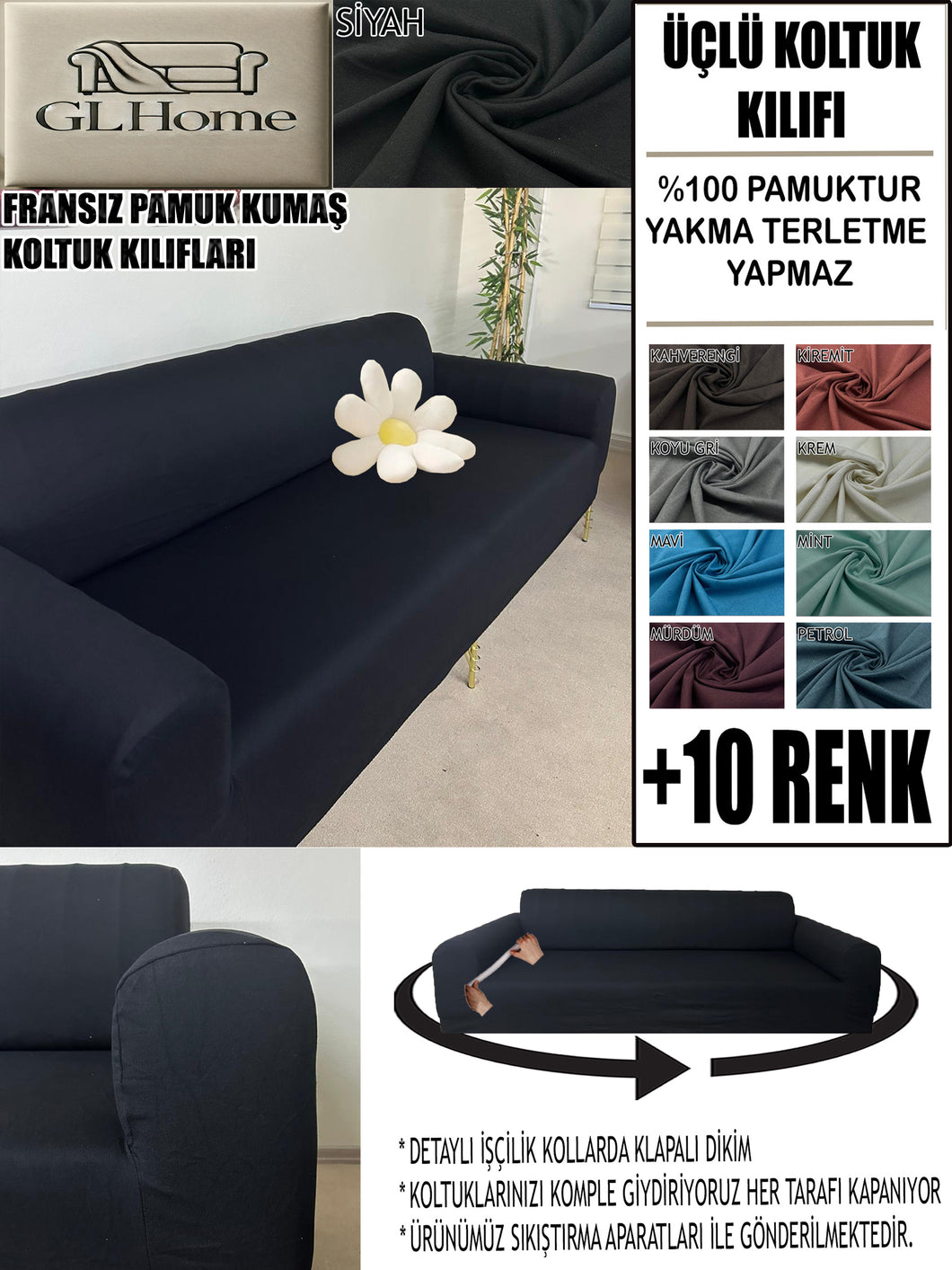%100 Pamuklu Fransız  Kumaş Siyah 3Lü Komple Giydirme Kanepe & Çekyat, Bohem, Porto, Vb. Model Koltuk Kilifi