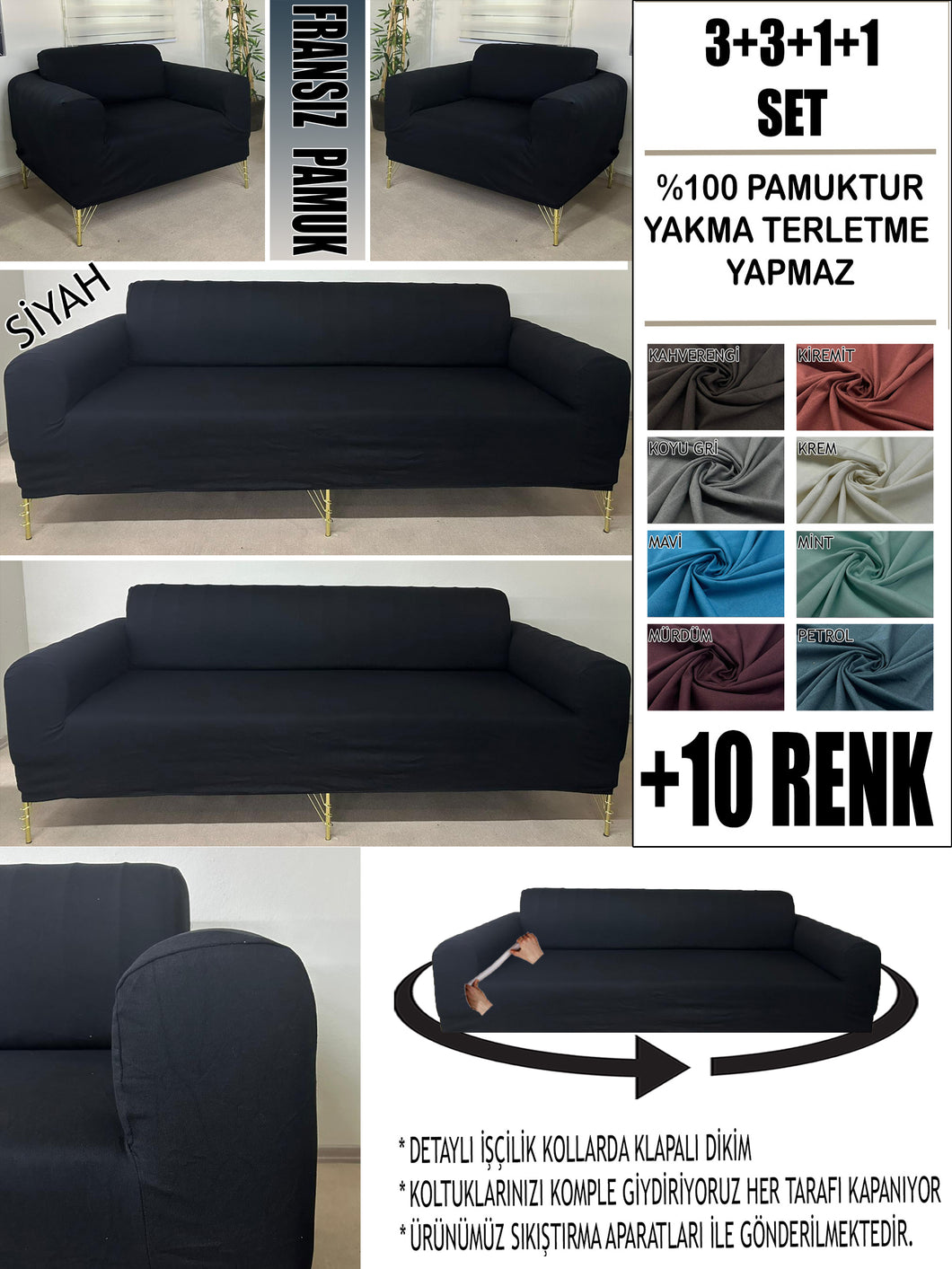 %100 Pamuklu Fransız  Kumaş Siyah 3+3+1+1 Komple Giydirme Kanepe&Çekyat, Bohem, Porto, vn. Model Koltuk Kılıfı