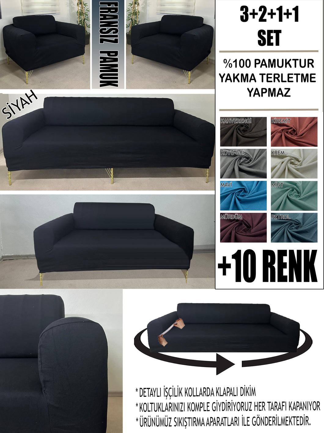 %100 Pamuklu Fransız  Kumaş Siyah 3+2+1+1 Komple Giydirme Kanepe&Çekyat, Bohem, Porto, vn. Model Koltuk Kılıfı