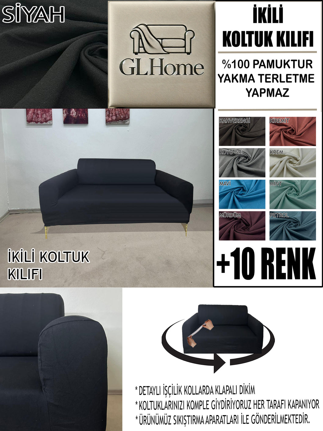 %100 Pamuklu Fransız  Kumaş Siyah Çift Kişilik Komple Giydirme 2