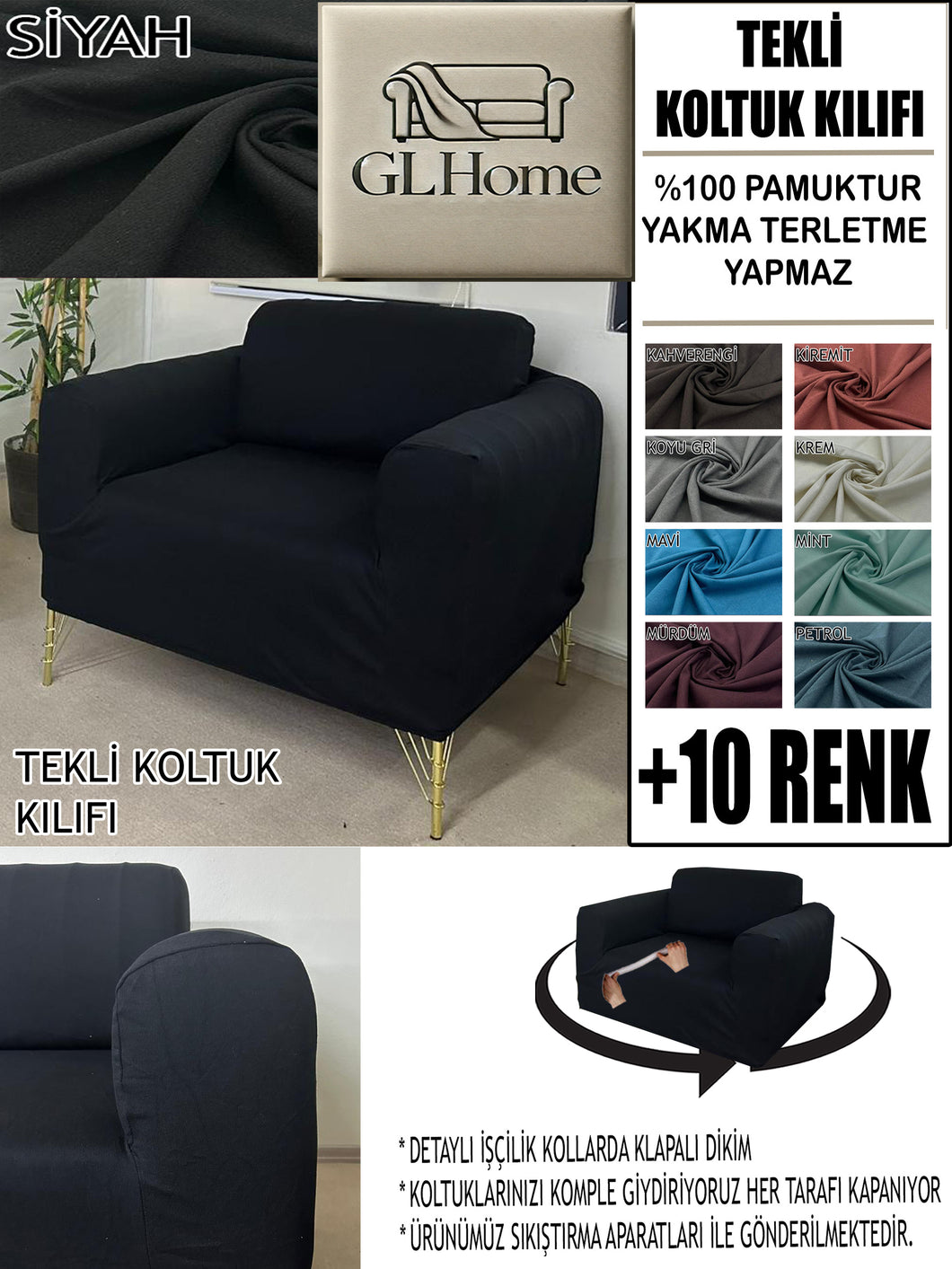 %100 Pamuklu Fransız  Kumaş Siyah Tekli&Berjer Komple Giydirme, Bohem, Porto Model Koltuk Kılıfı
