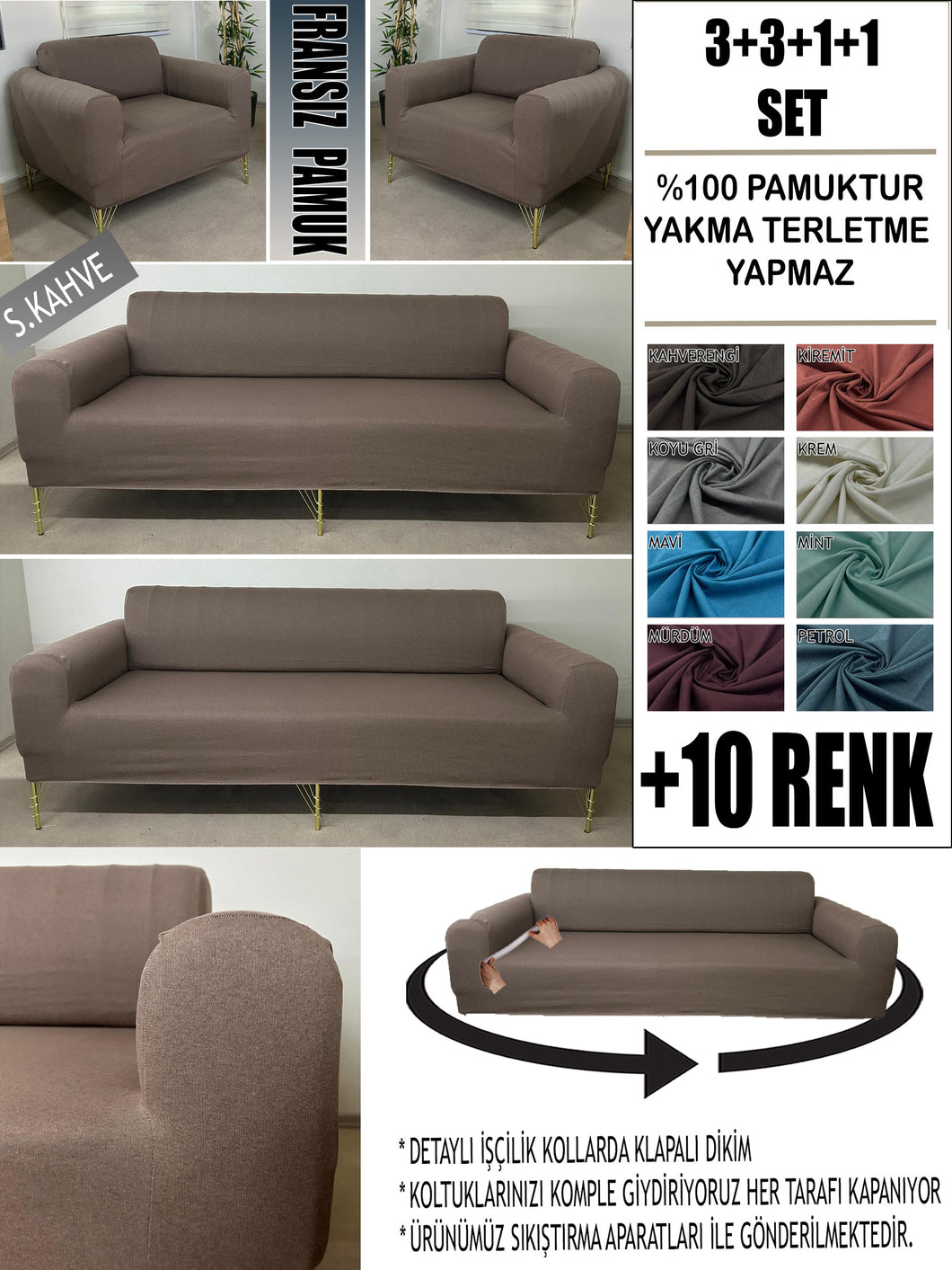 %100 Pamuklu Fransız  Kumaş Sütlü Kahve 3+3+1+1 Komple Giydirme Kanepe&Çekyat, Bohem, Porto, vn. Model Koltuk Kılıfı