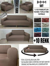 Görseli Galeri görüntüleyiciye yükleyin, %100 Pamuklu Fransız  Kumaş Sütlü Kahve 3+2+1+1 Komple Giydirme Kanepe&amp;Çekyat, Bohem, Porto, vn. Model Koltuk Kılıfı
