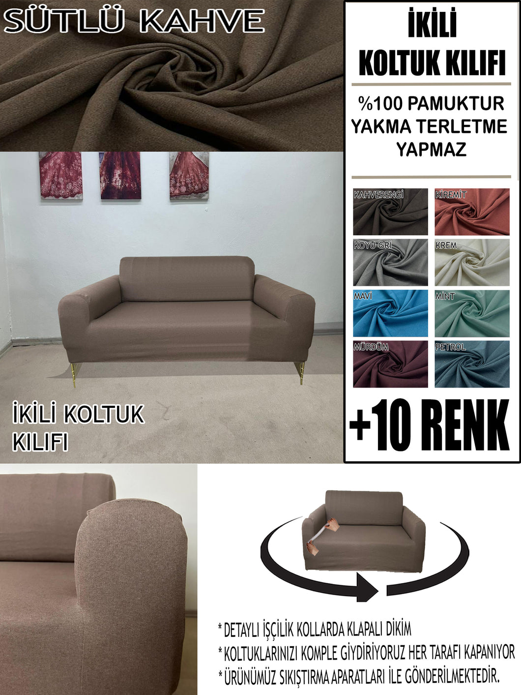 %100 Pamuklu Fransız  Kumaş Sütlü Kahve Çift Kişilik Komple Giydirme 2