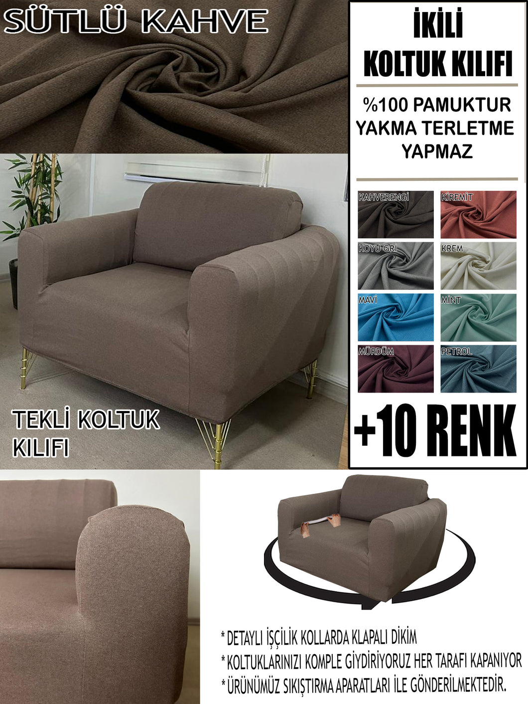 %100 Pamuklu Fransız  Kumaş Sütlü Kahve Tekli&Berjer Komple Giydirme, Bohem, Porto Model Koltuk Kılıfı