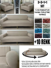 Görseli Galeri görüntüleyiciye yükleyin, %100 Pamuklu Fransız  Kumaş Vizon 3+3+1+1 Komple Giydirme Kanepe&amp;Çekyat, Bohem, Porto, vn. Model Koltuk Kılıfı

