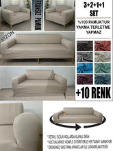 Görseli Galeri görüntüleyiciye yükleyin, %100 Pamuklu Fransız  Kumaş Vizon 3+2+1+1 Komple Giydirme Kanepe&amp;Çekyat, Bohem, Porto, vn. Model Koltuk Kılıfı
