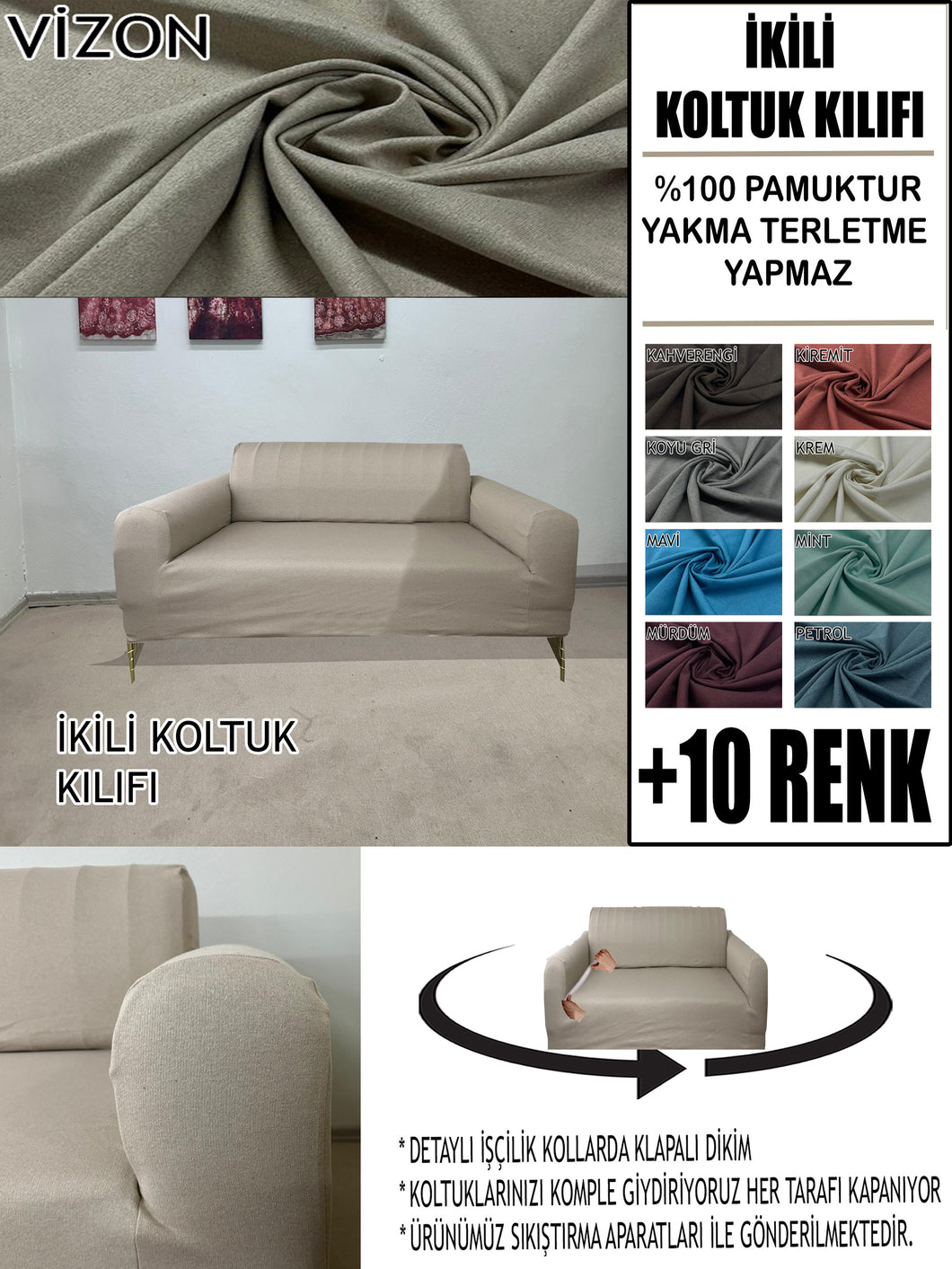 %100 Pamuklu Fransız  Kumaş Vizon Çift Kişilik Komple Giydirme 2