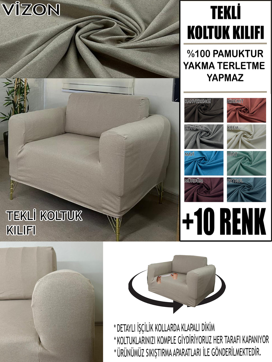 %100 Pamuklu Fransız  Kumaş Vizon Tekli&Berjer Komple Giydirme, Bohem, Porto Model Koltuk Kılıfı