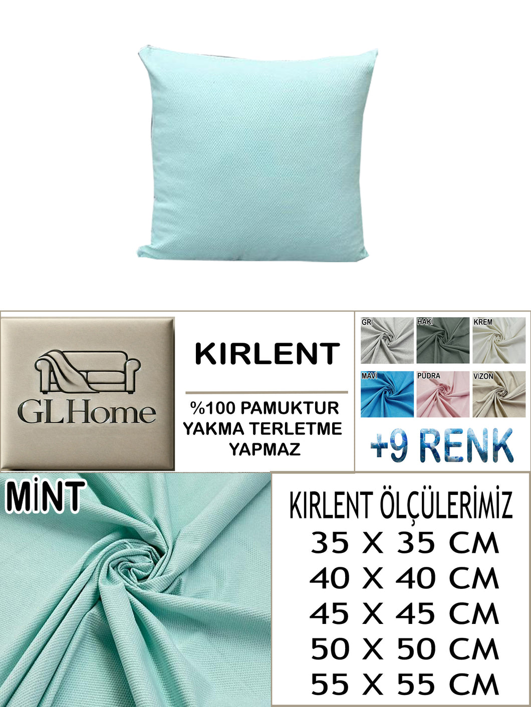 %100 Pamuk Petek Mint Renk Kırlent Kılıfı