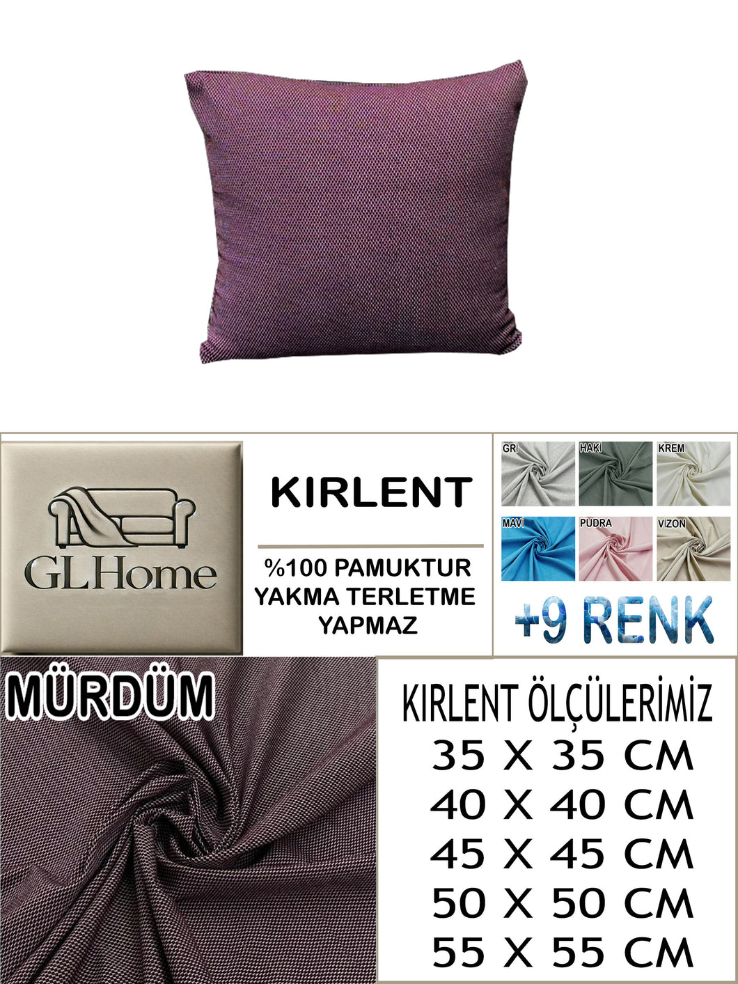 %100 Pamuk Petek Mürdüm Renk Kırlent Kılıfı