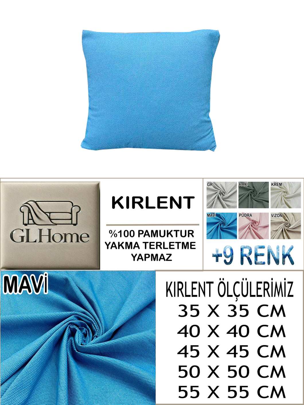 %100 Pamuk Petek Mavi Renk Kırlent Kılıfı
