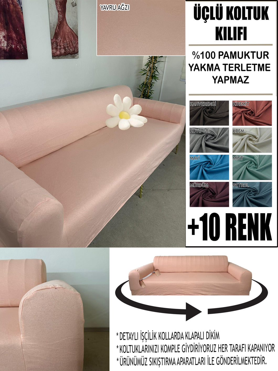 %100 Pamuklu Fransız  Kumaş Yavru Ağzı 3Lü Komple Giydirme Kanepe & Çekyat, Bohem, Porto, Vb. Model Koltuk Kilifi