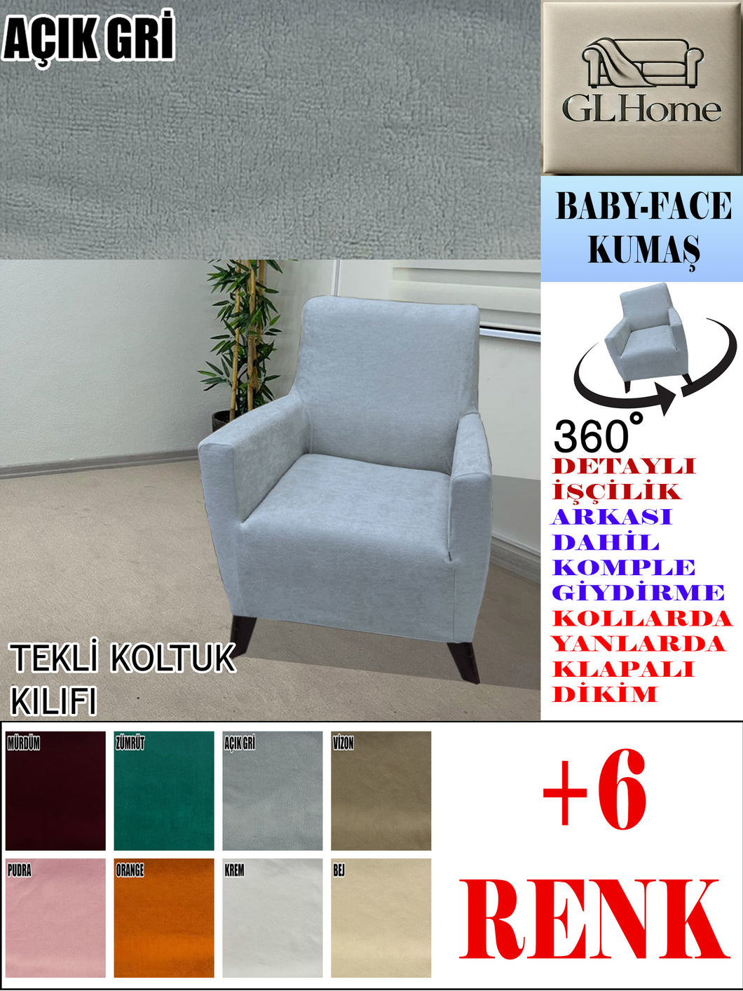 Baby Face  Kumaş Açık Gri Tekli Komple Giydirme Tekli & Berjer, Bohem, vb Model Koltuk Kılıfları