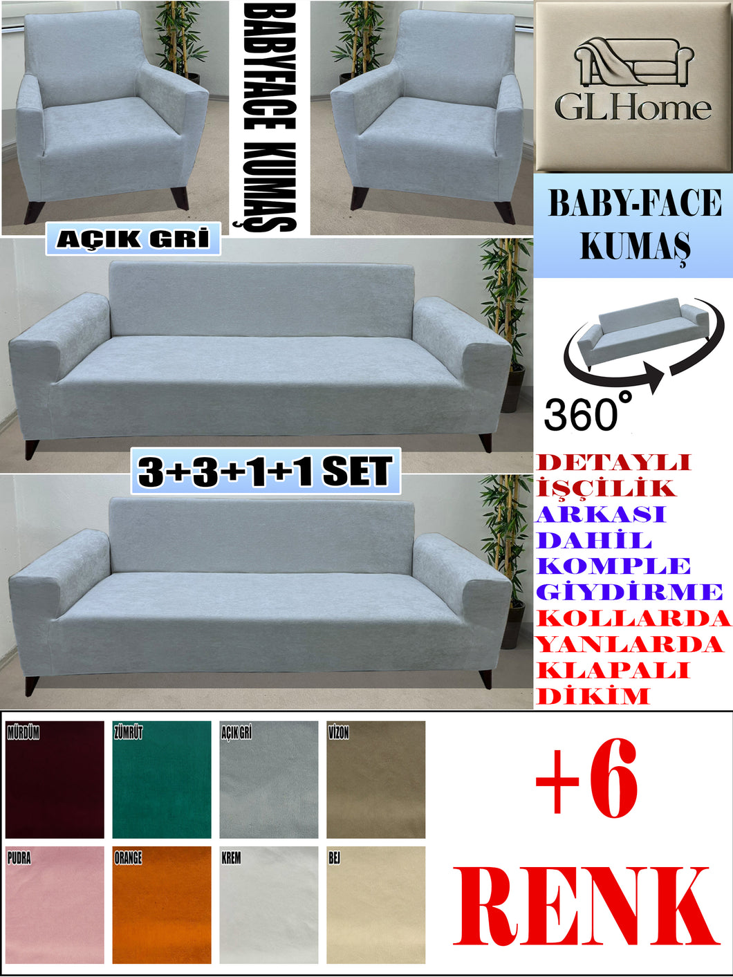 Baby Face  Kumaş Açık Gri 3+3+1+1 Set Komple Giydirme Kanepe & Çekyat, Bohem, vb Model Koltuk Kılıfları
