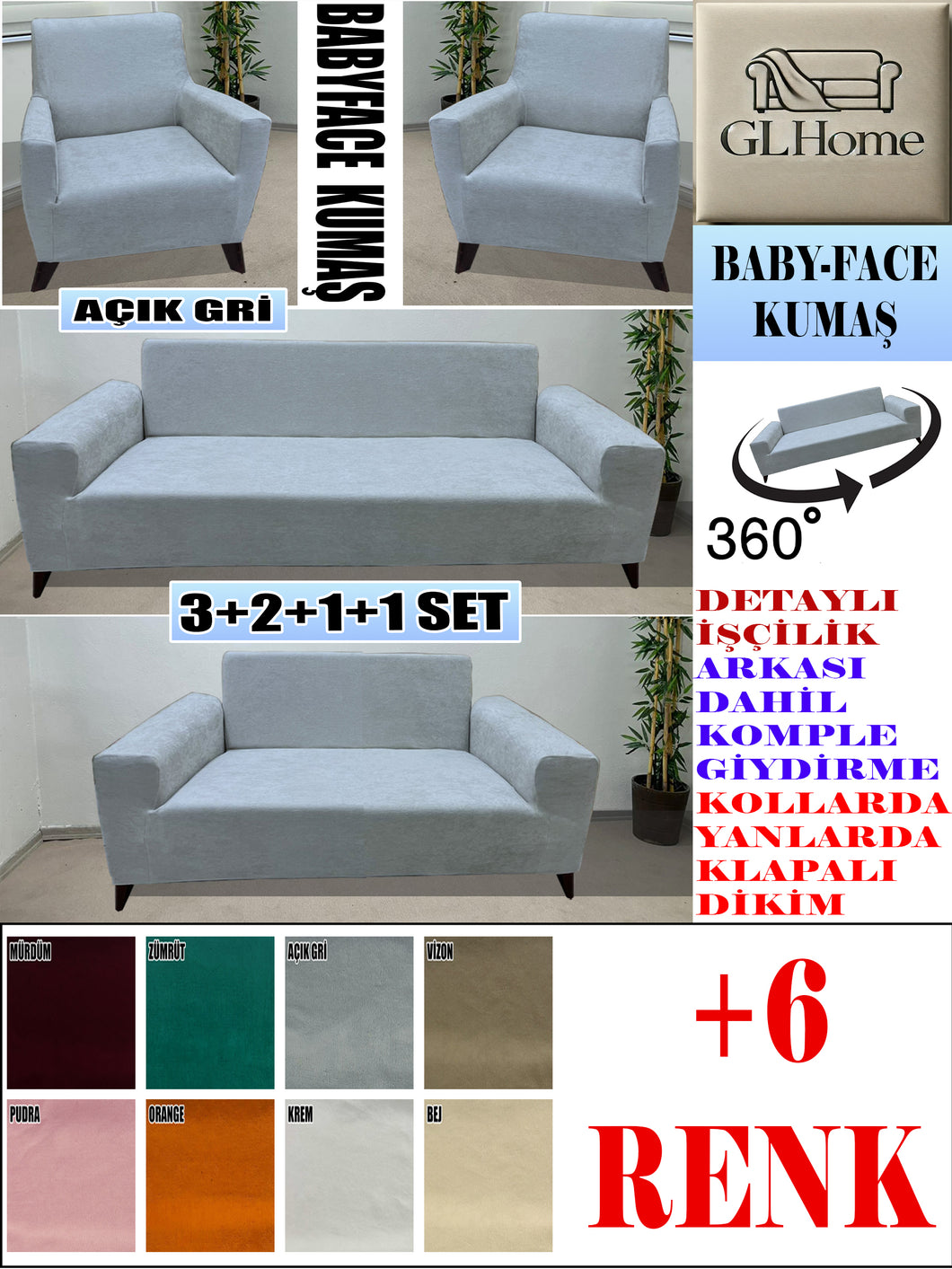 Baby Face  Kumaş Açık Gri 3+2+1+1 Set Komple Giydirme Kanepe&Çekyat, Bohem, vb Model Koltuk Kılıfları