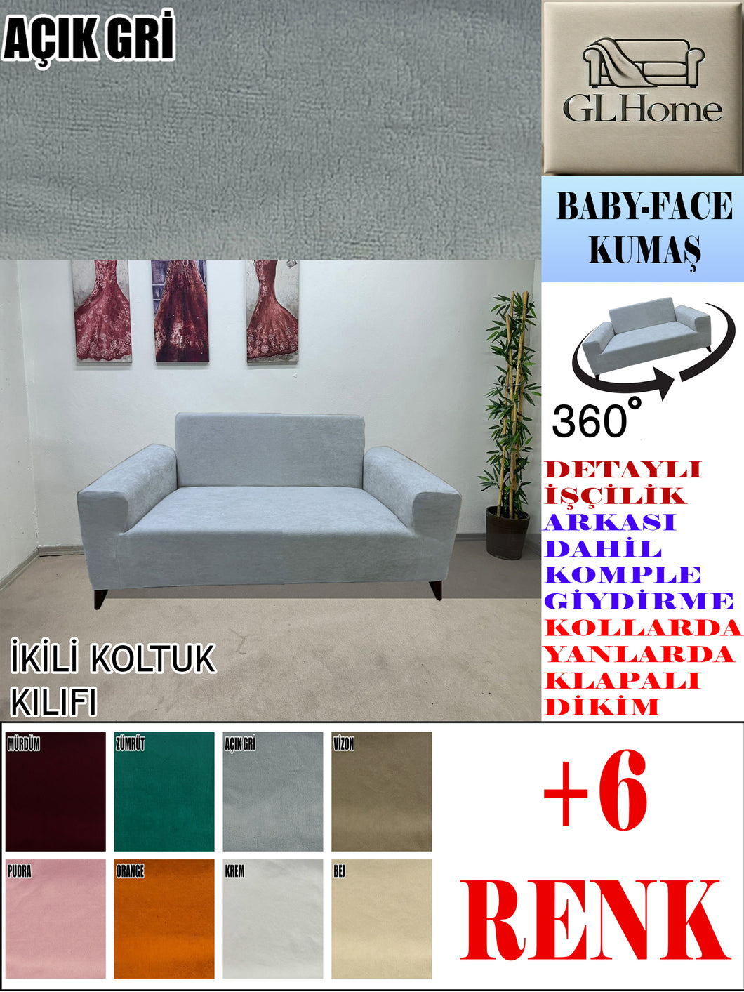 Baby Face  Kumaş Açık Gri Çift Kişilik Komple Giydirme Kanepe, Bohem, vb Model Koltuk Kılıfları