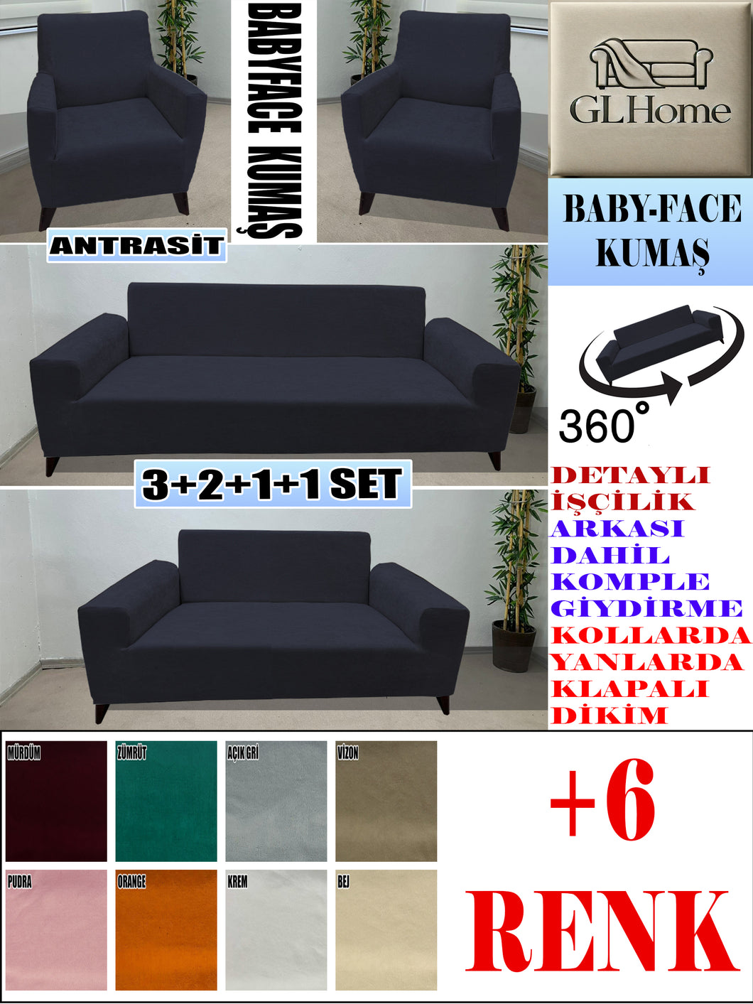 Baby Face  Kumaş Antrasit 3+2+1+1 Set Komple Giydirme Kanepe&Çekyat, Bohem, vb Model Koltuk Kılıfları