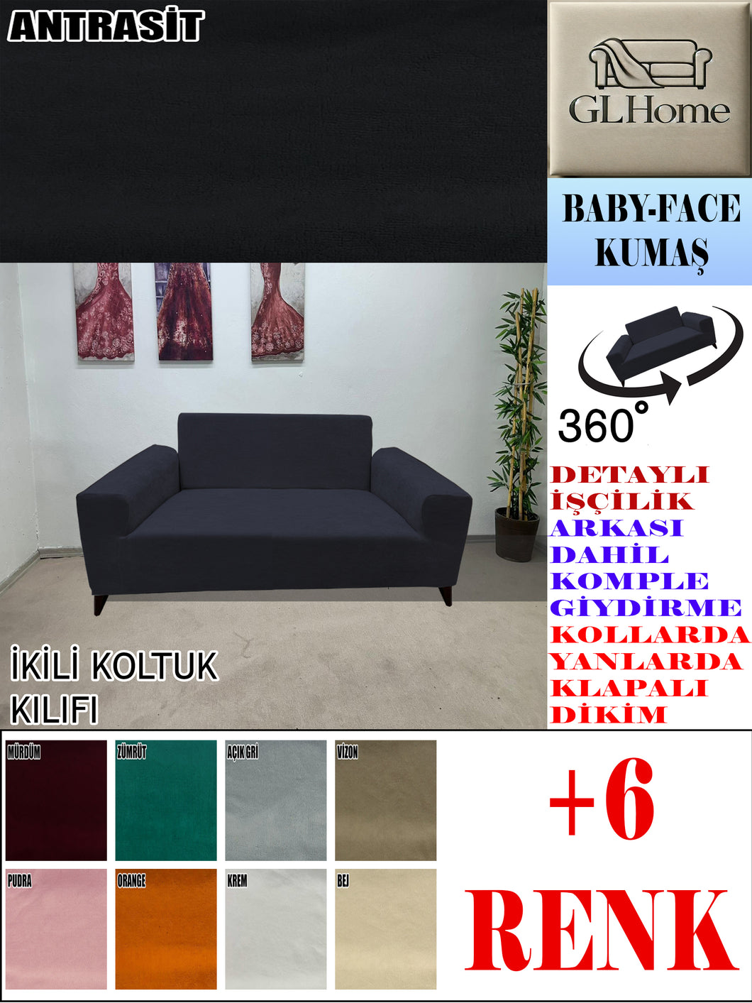 Baby Face  Kumaş Antrasit Çift Kişilik Komple Giydirme Kanepe, Bohem, vb Model Koltuk Kılıfları