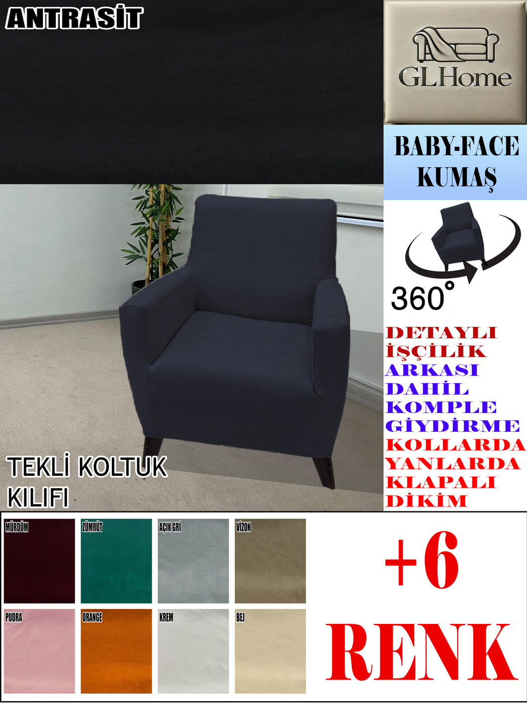 Baby Face Kumaş Antrasit Tekli Komple Giydirme Tekli & Berjer, Bohem, vb Model Koltuk Kılıfları