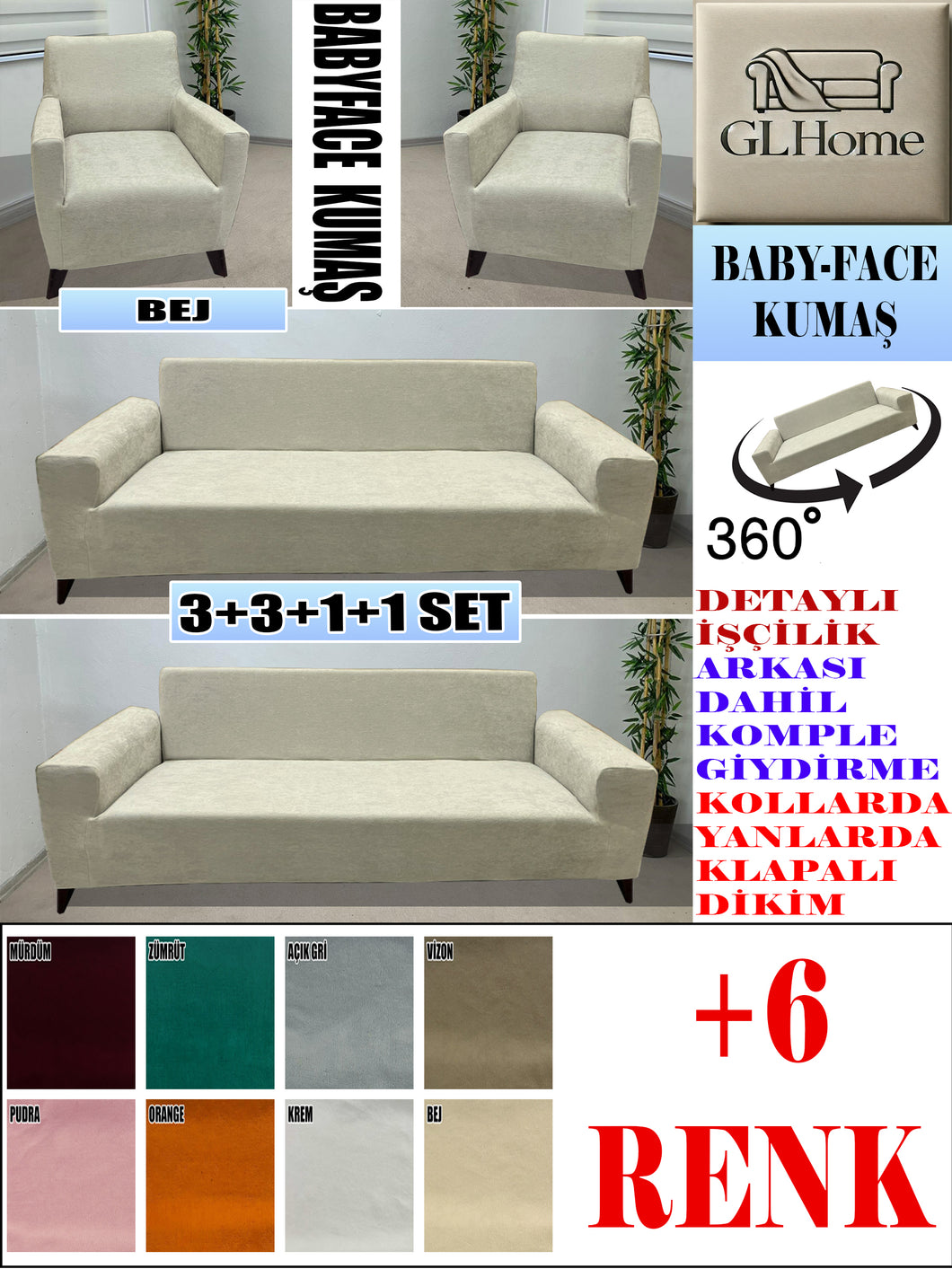 Baby Face  Kumaş Bej 3+3+1+1 Set Komple Giydirme Kanepe & Çekyat, Bohem, vb Model Koltuk Kılıfları