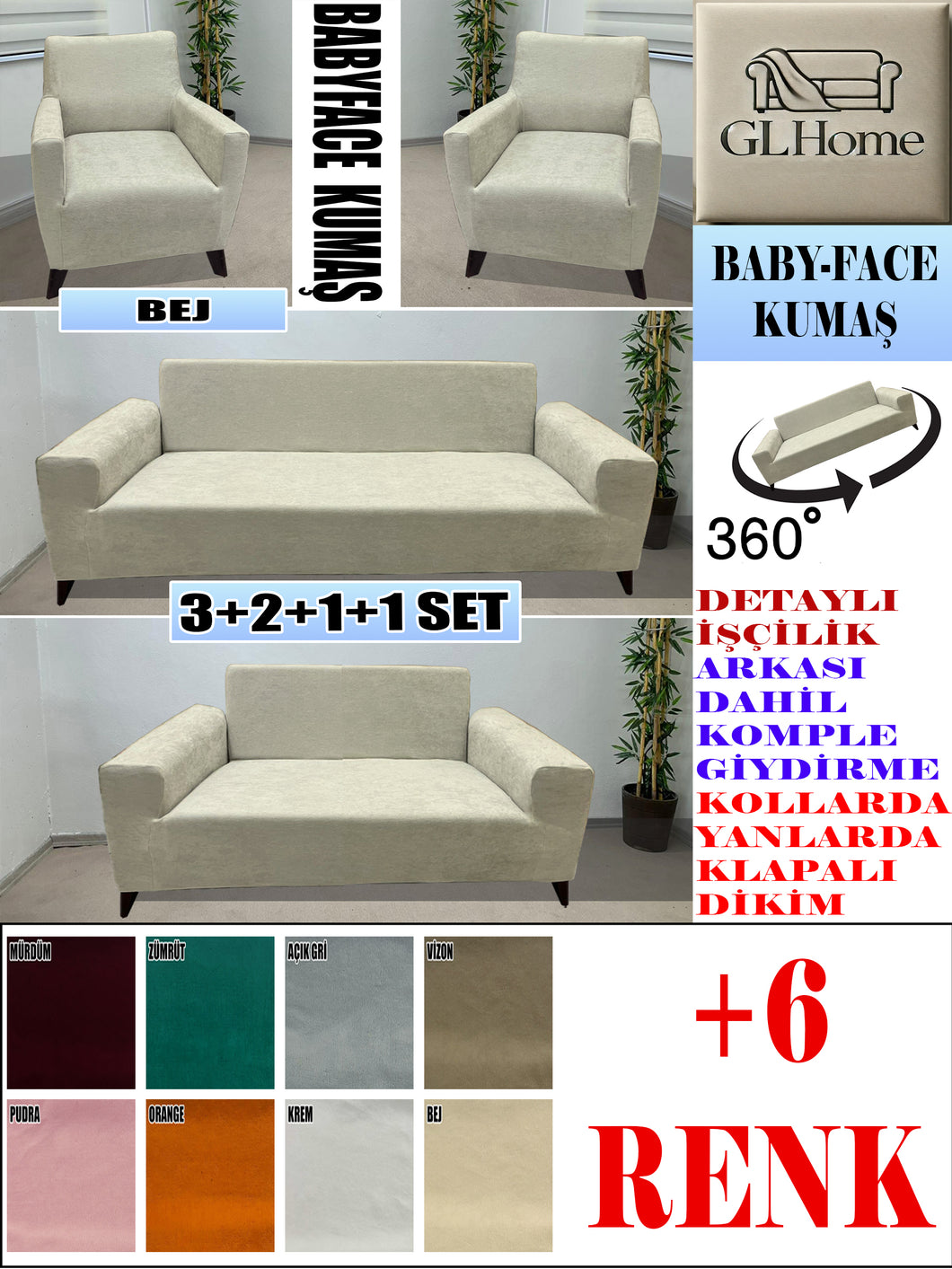 Baby Face  Kumaş Bej 3+2+1+1 Set Komple Giydirme Kanepe&Çekyat, Bohem, vb Model Koltuk Kılıfları