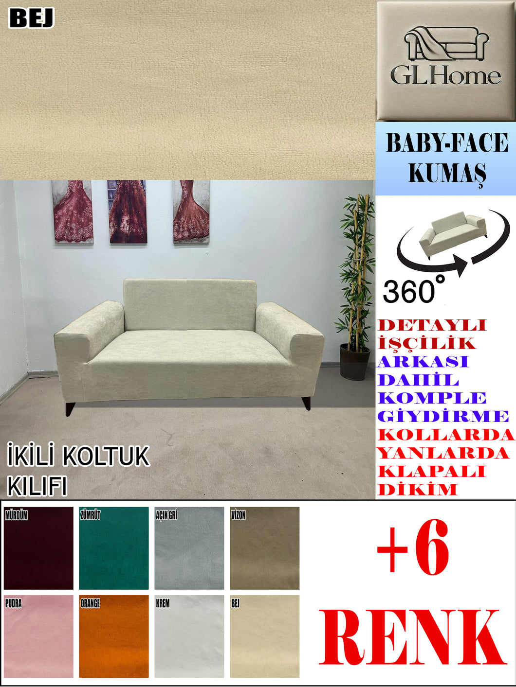 Baby Face  Kumaş Bej Çift Kişilik Komple Giydirme Kanepe, Bohem, vb Model Koltuk Kılıfları