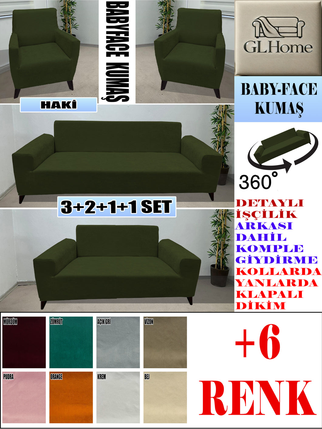 Baby Face  Kumaş Haki 3+2+1+1 Set Komple Giydirme Kanepe&Çekyat, Bohem, vb Model Koltuk Kılıfları