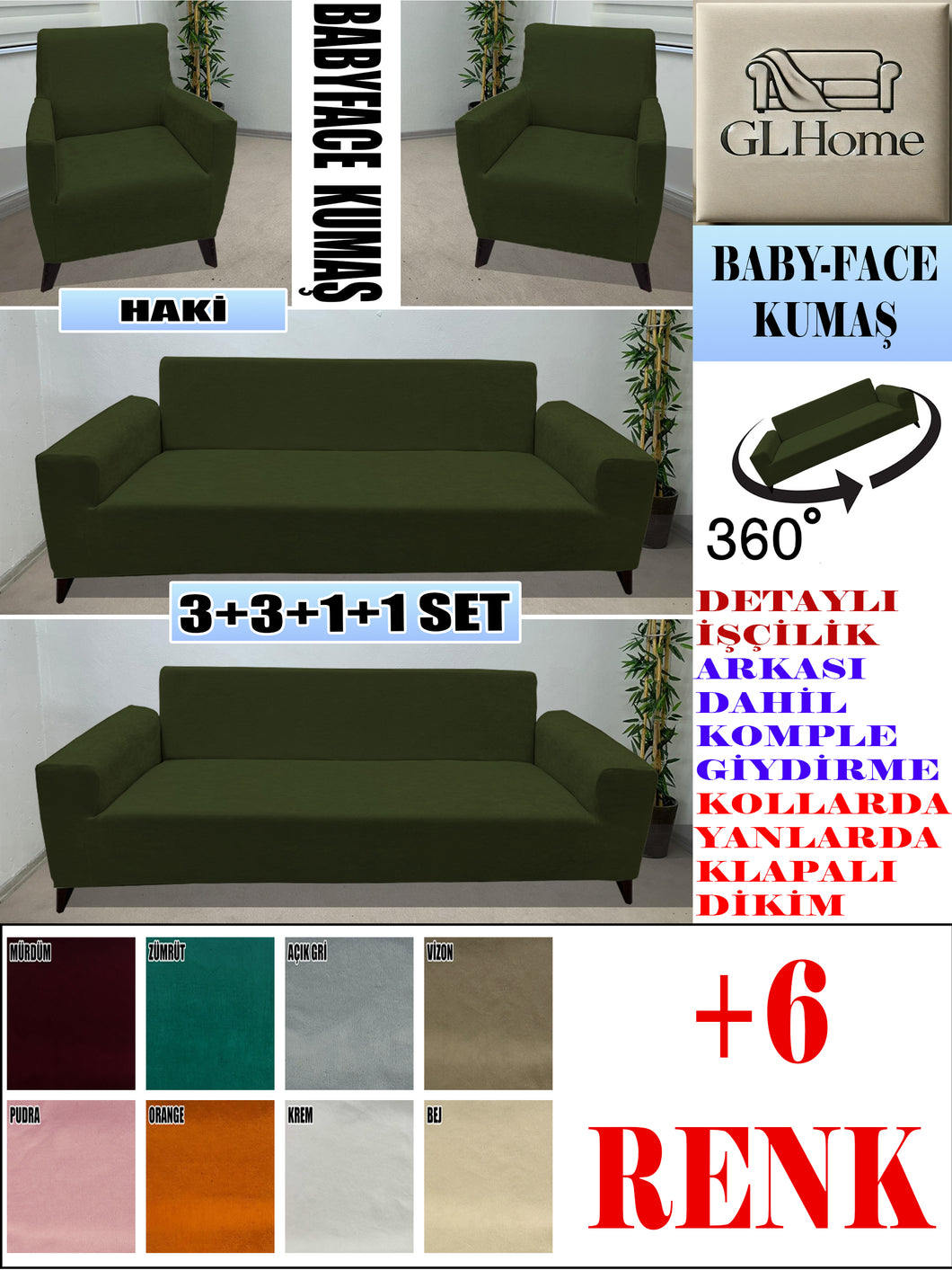Baby Face  Kumaş Haki 3+3+1+1 Set Komple Giydirme Kanepe & Çekyat, Bohem, vb Model Koltuk Kılıfları
