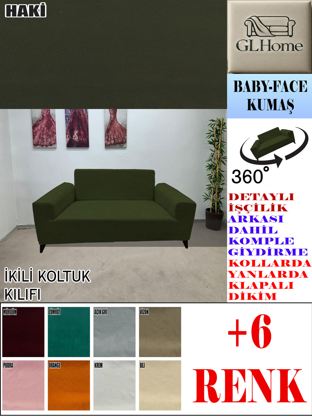 Baby Face  Kumaş Haki Çift Kişilik Komple Giydirme Kanepe, Bohem, vb Model Koltuk Kılıfları