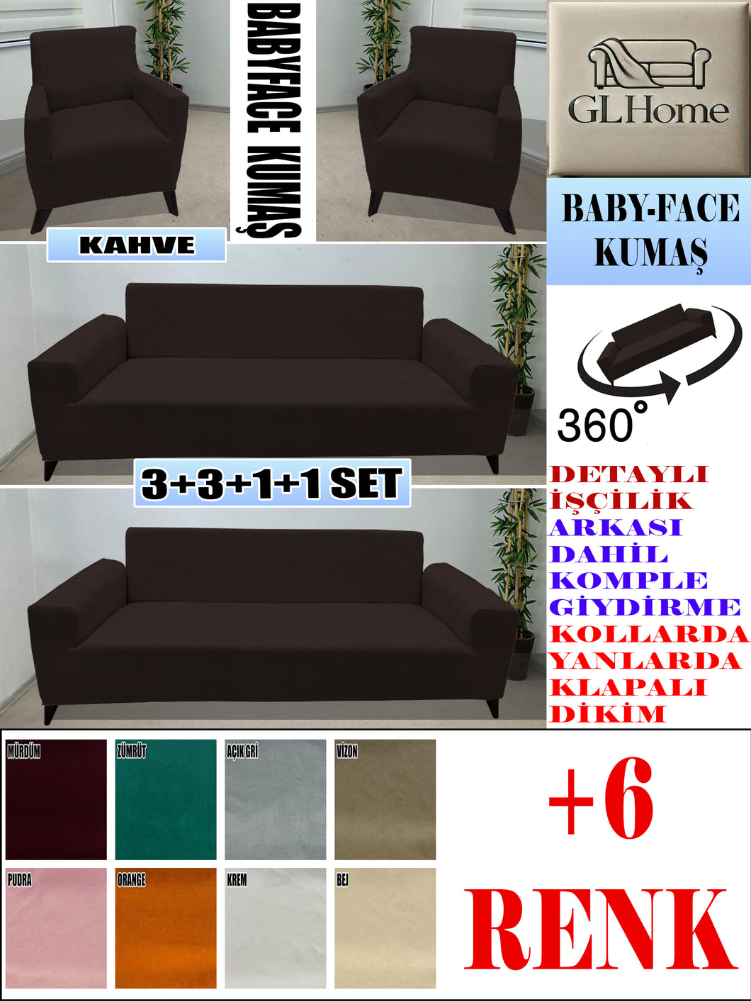 Baby Face  Kumaş Kahverengi 3+3+1+1 Set Komple Giydirme Kanepe & Çekyat, Bohem, vb Model Koltuk Kılıfları