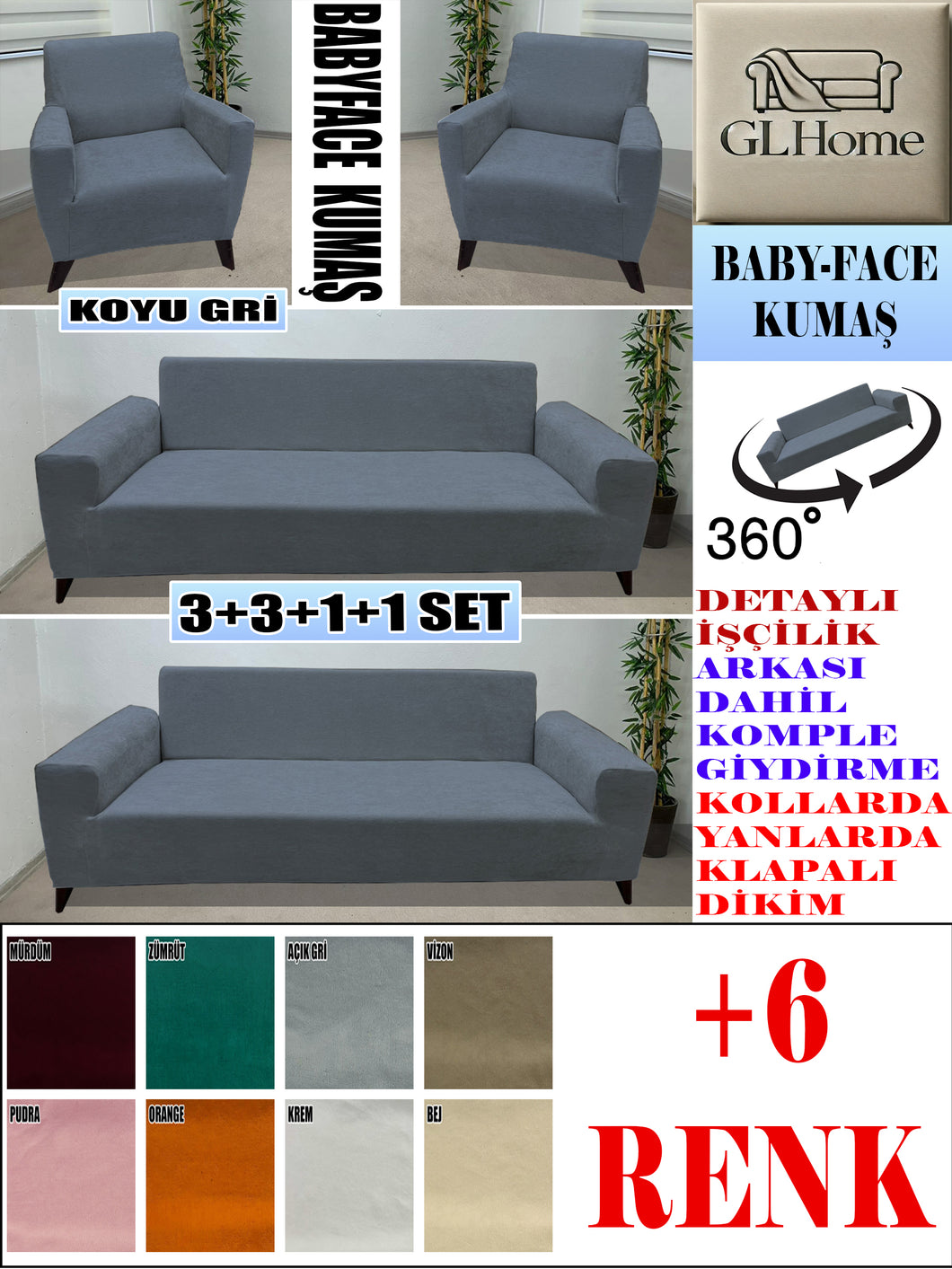 Baby Face  Kumaş Koyu Gri 3+3+1+1 Set Komple Giydirme Kanepe & Çekyat, Bohem, vb Model Koltuk Kılıfları